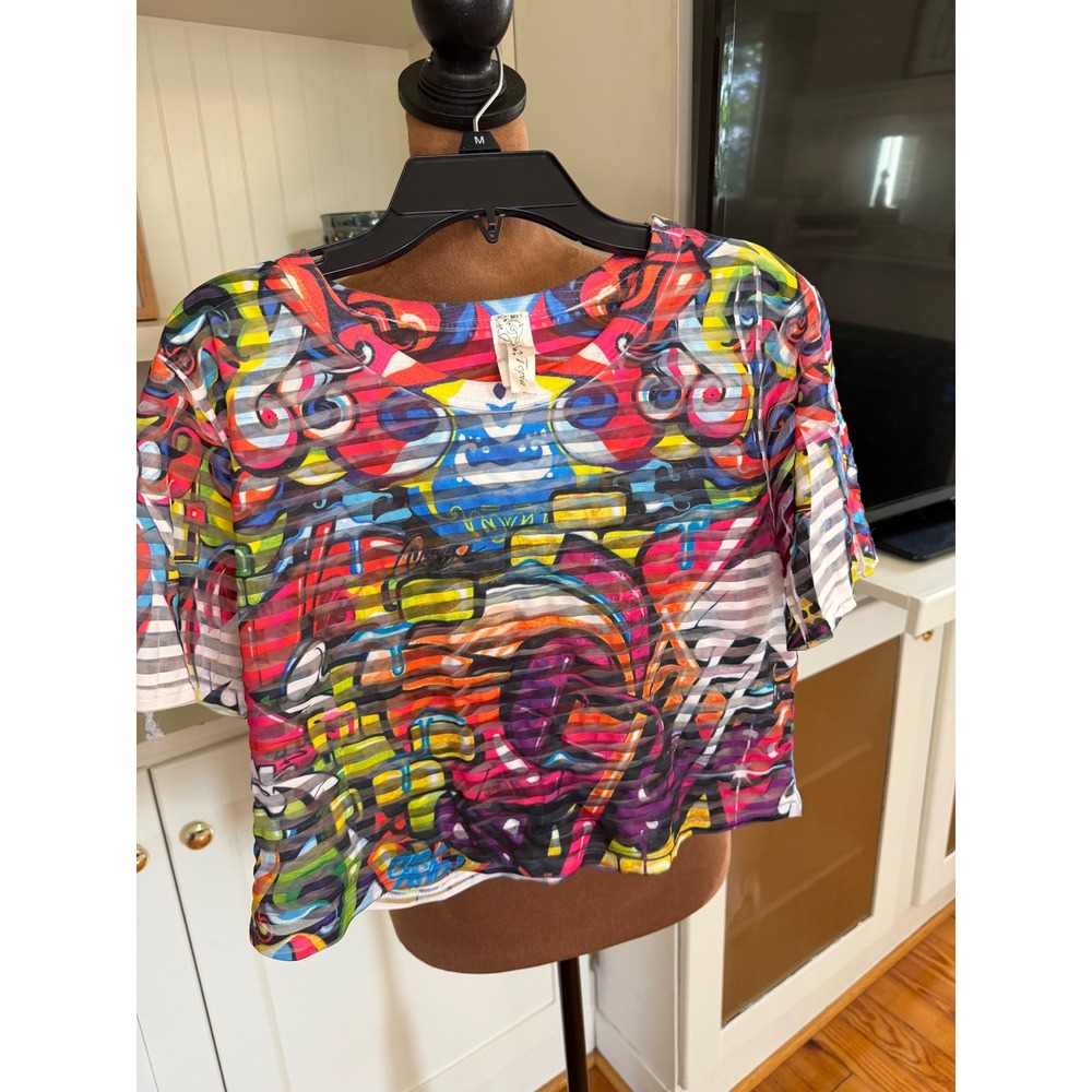 Topia Women's Multicolor Abstract Sheer Burnout Top Y2K Artsy